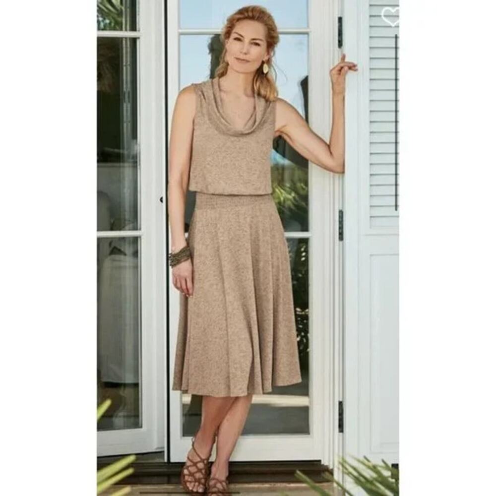 Soft Surroundings Womens Dress Sz Petite M PM Tan Kerry Cowl Neck Sleeveless NEW